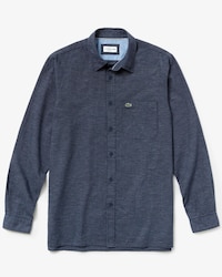 Camisa de hombre regular fit en popel&iacute;n de algod&oacute;n y lino de cuadros peque&ntilde;os