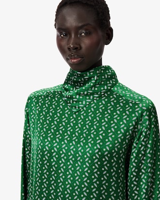 Vestido de satén estampado con cuello de lazada Runway