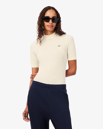 Camiseta de cuello alto en tejido de canal&eacute; de lana de corte ajustado