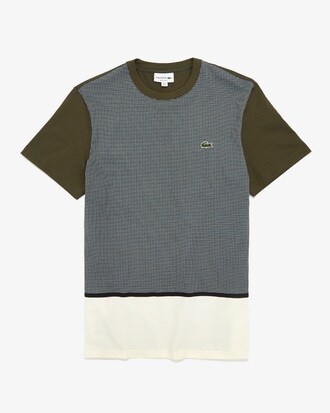 Camiseta de hombre en algodón con paneles de patchwork de cuadros y cuello redondo