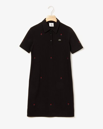 Robe polo Lacoste LIVE en piqu&eacute; stretch avec roses brod&eacute;es