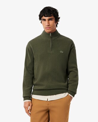 Pull zippé en laine cardée uni col montant