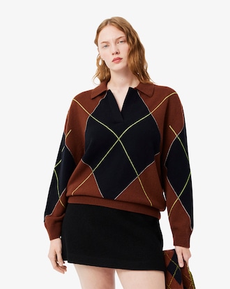 Pull polo jacquard intarsia motif losange