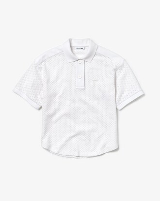 Polo court Lacoste en broderie anglaise et piqu&eacute;