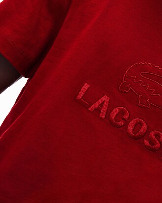 T-shirt col rond en coton uni avec broderie Lacoste ton sur ton