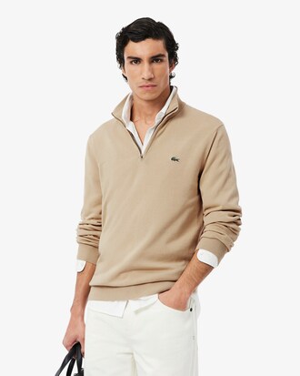 Pull zipp&eacute; coton uni col montant