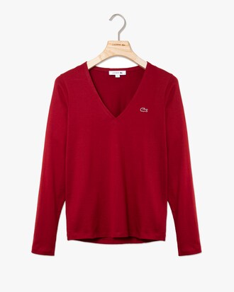 T-shirt col V à manches longues en jersey de coton fluide uni