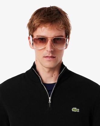 Pull zippé coton uni col montant