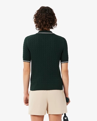 Pull col polo maille torsad&eacute;e rayures
