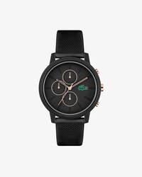 Orologio cronografo in silicone nero e oro rosato Lacoste.12.12