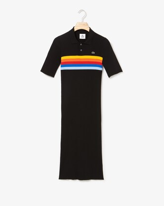 Vestito polo da donna midi con stampa arcobaleno a costine Lacoste LIVE