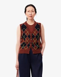 Cardigan smanicato in jacquard con intarsio