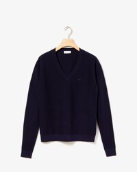Pullover con collo a V in jersey di cotone tinta unita