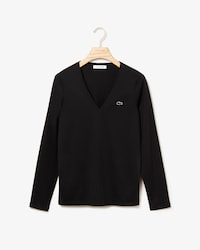 T-shirt con collo a V a maniche lunghe in jersey di cotone fluido tinta unita