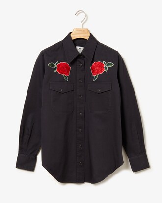 Camicia di cotone boxy fit da donna con rosa ricamata Lacoste LIVE