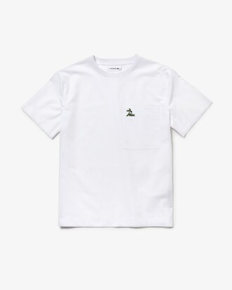 T-shirt da donna con palma e coccodrillo in popeline di cotone con collo ampio