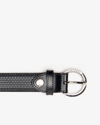 Cintura da donna in pelle testurizzata con fibbia tonda e incisione Lacoste