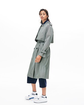 Trench da donna lungo in canvas con stampa a quadri e cintura