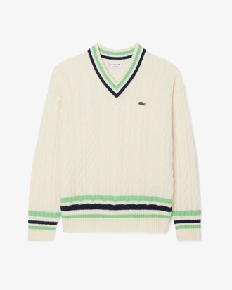 Maglione a trecce in lana con scollo a V