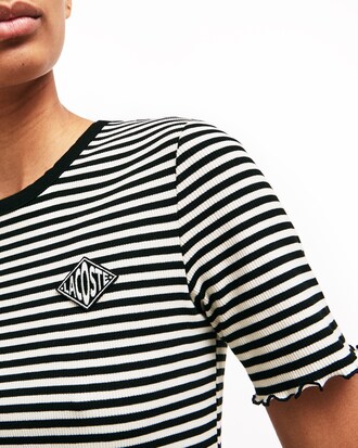 T-shirt da donna in cotone a costine a righe con collo rotondo Lacoste LIVE