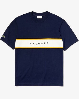 T-shirt da uomo in cotone con inserto in piqué, scritta Lacoste e collo rotondo