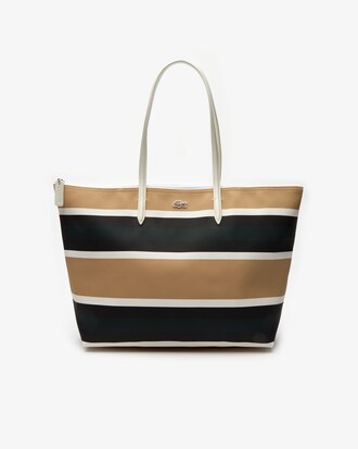 Tote bag da donna con zip in canvas spalmato a righe L.12.12 Concept