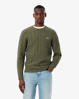 Maglione girocollo a trecce in lana cardata