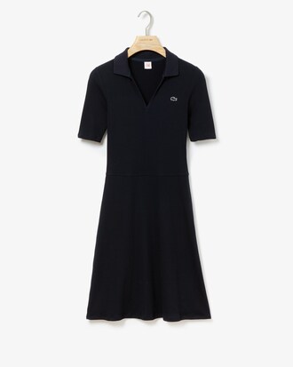 Vestito polo da donna in tessuto misto di cotone a costine con scollo a v Lacoste LIVE