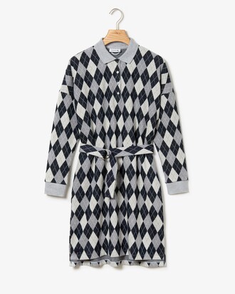 Vestito a polo da donna in misto lana e cotone con motivo jacquard