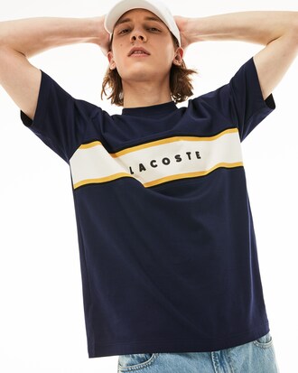 T-shirt da uomo in cotone con inserto in piqué, scritta Lacoste e collo rotondo