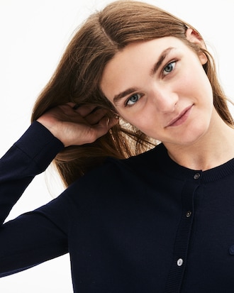 Cardigan da donna di lana con collo rotondo e bordi a contrasto