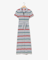 Vestito a polo lungo da donna con bottoni in piqu&eacute; di cotone a righe