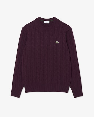 Maglione girocollo a trecce in lana cardata
