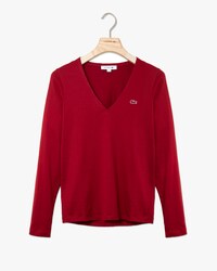 T-shirt con collo a V a maniche lunghe in jersey di cotone fluido tinta unita