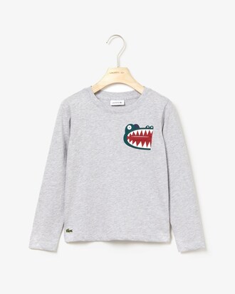 T-shirt da bambino in cotone con coccodrillo stampato sulla tasca