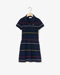 Vestito a polo da bambina in piqu&eacute; di cotone a righe con vita elasticizzata