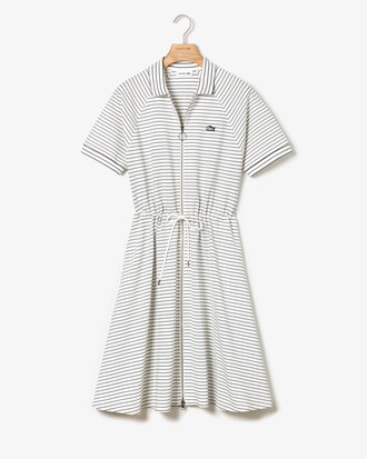 Abito a polo fluido in maglia cady a righe con cintura elasticizzata