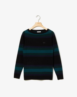 Pullover da donna in jersey di lana a righe con scollo a barchetta