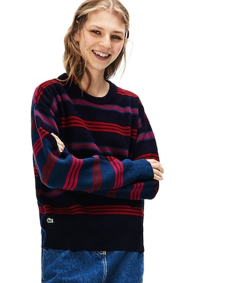 Pullover da donna in jersey e piqu&eacute; a due strati a righe con collo rotondo