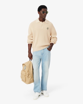 Maglione con collo a polo a coste perlate e stemma