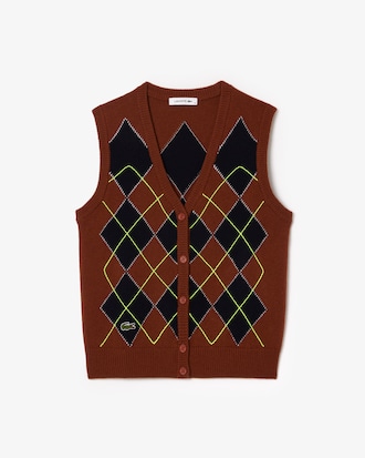 Cardigan smanicato in jacquard con intarsio