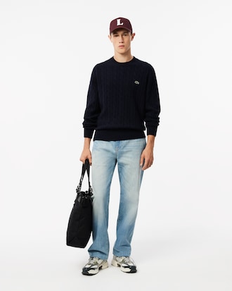 Maglione girocollo a trecce in lana cardata