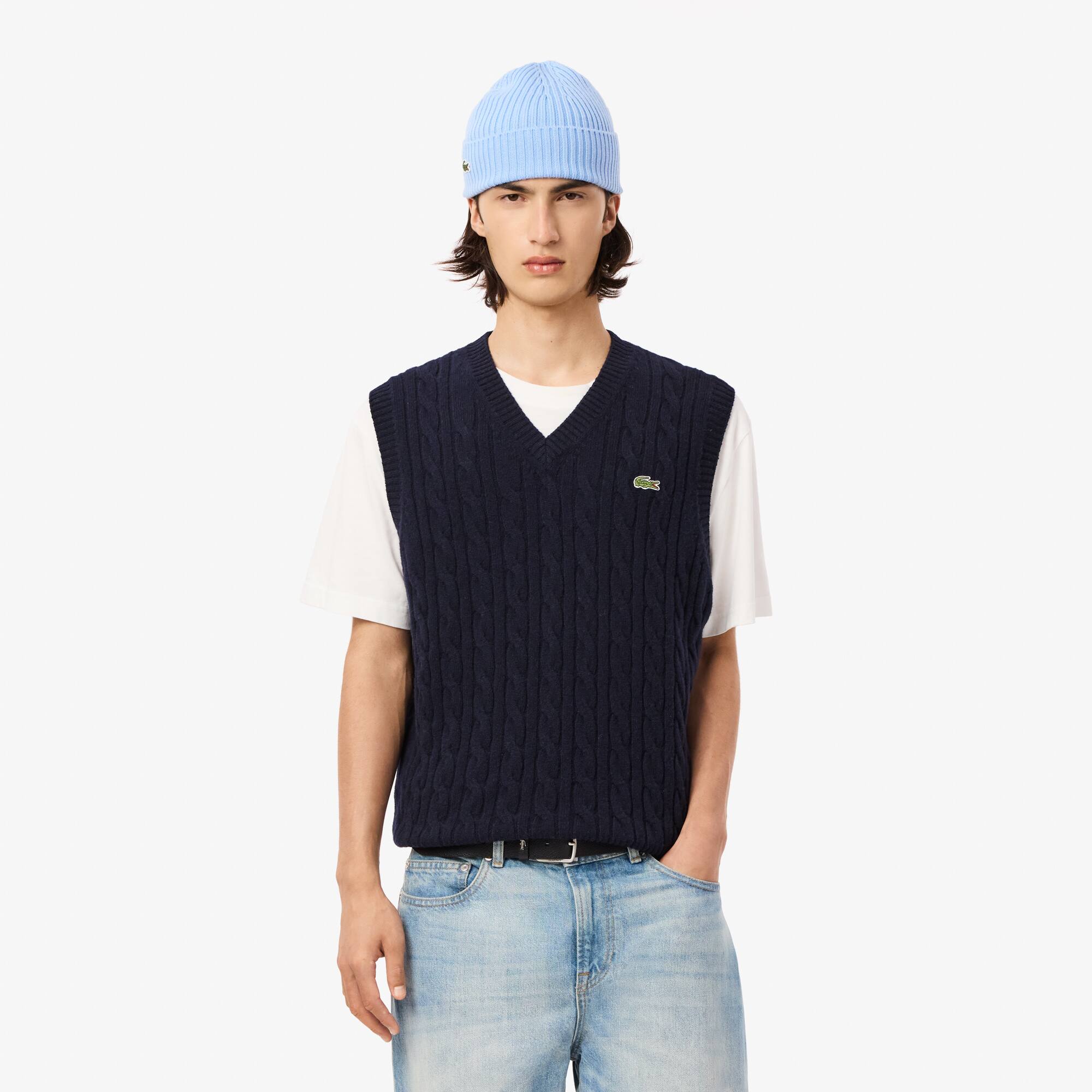 Gilet in maglia di lana cardata a trecce - Maglieria Uomo - Novita 2025 |  Lacoste