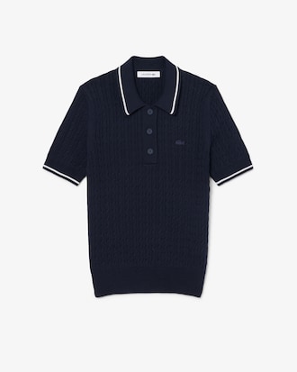 Maglione a righe in maglia a trecce con collo a polo