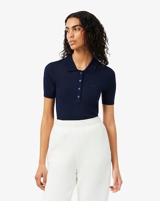 Maglione in lana merinos con collo a polo a coste 3D