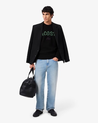 Maglione in lana cardata con marchio intarsiato