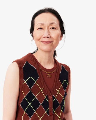 Cardigan smanicato in jacquard con intarsio