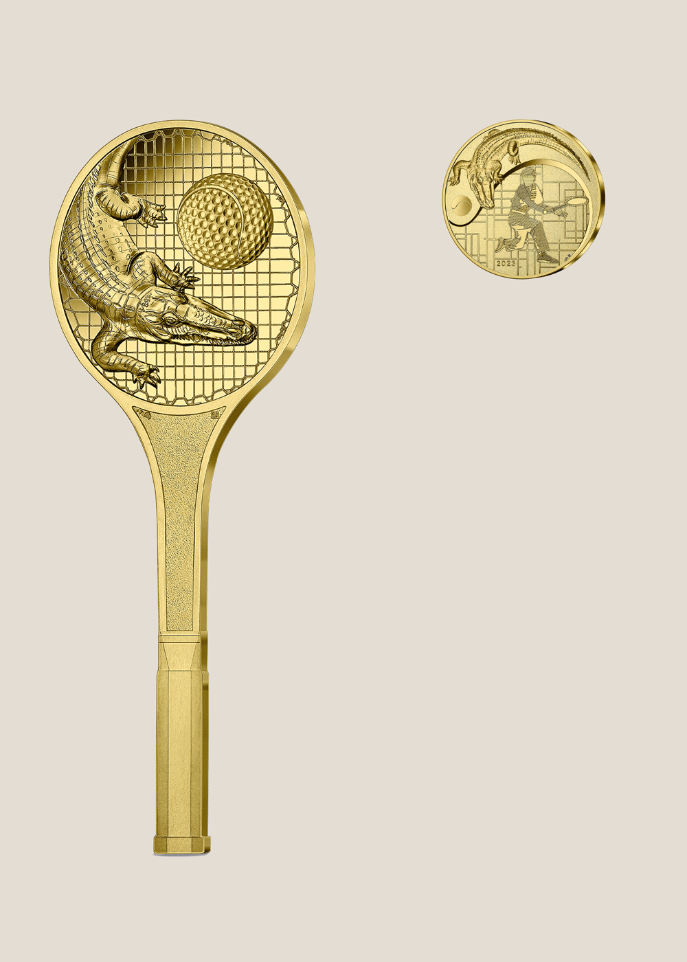 Gold and silver Lacoste rackets by La Monnaie de Paris