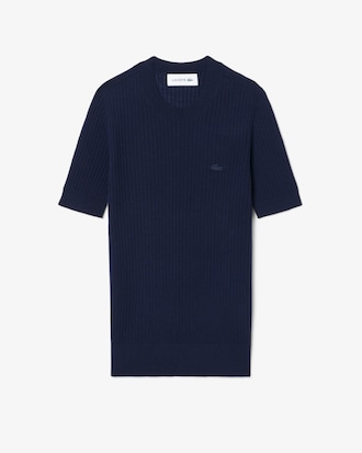 Kortmouwige Merinowollen Geribbelde Gebreide Sweater