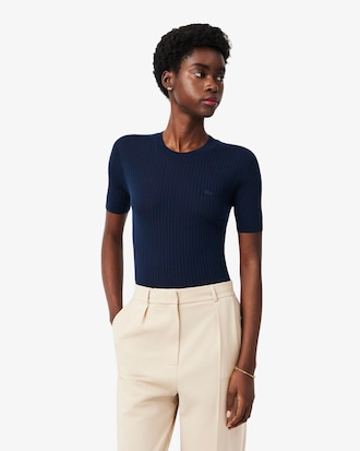 Kortmouwige Merinowollen Geribbelde Gebreide Sweater